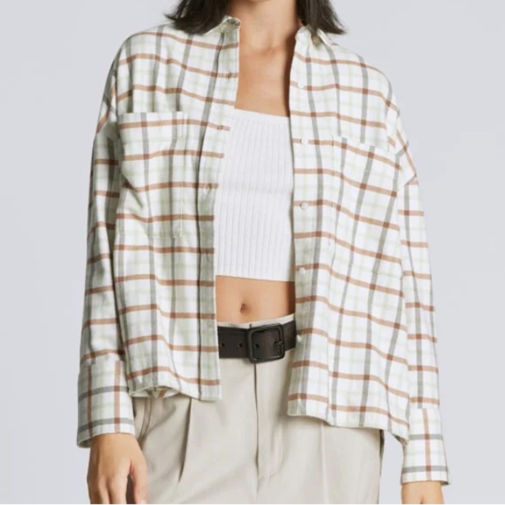 NWT Everlane The Boxy Flannel Green Brown Plaid Button Up Shirt Top Size Medium